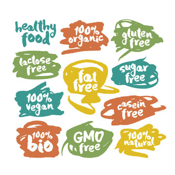 Eco Vegan Food Labels Set on Colorful Scribbles
