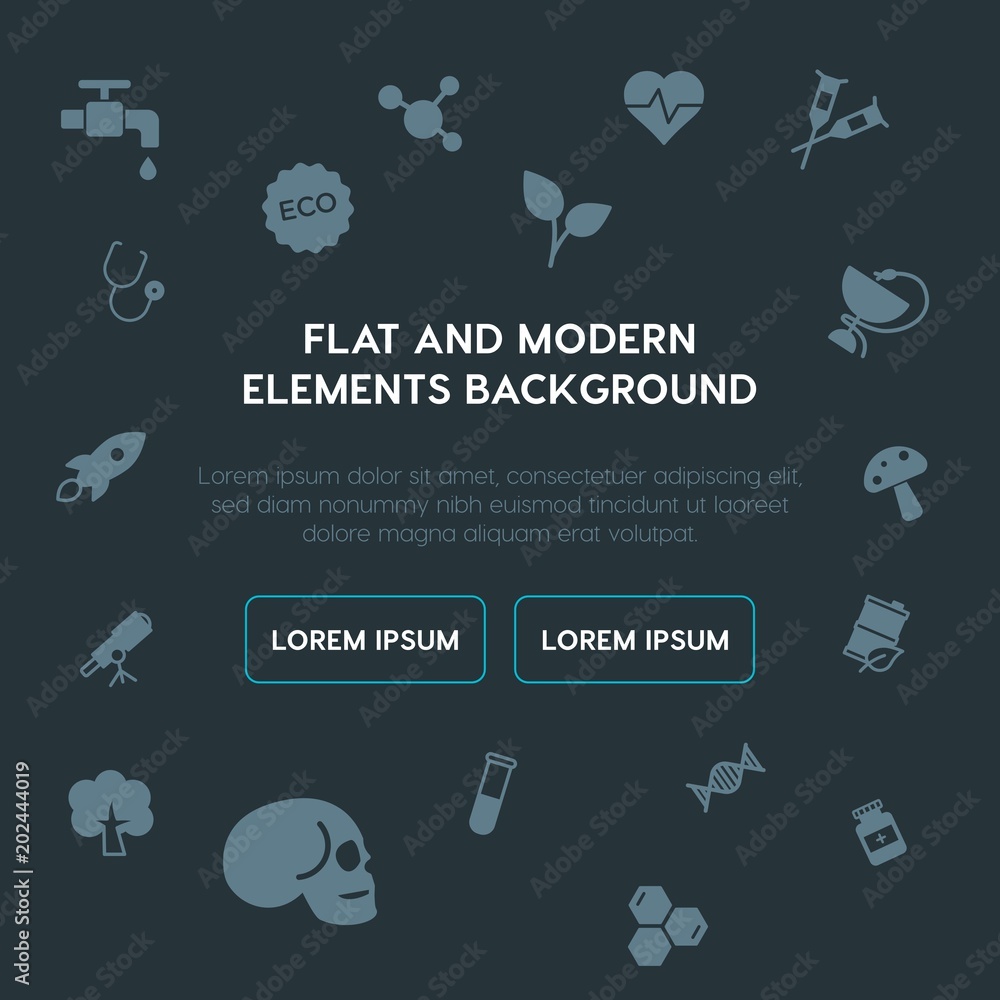 Poster health, science, nature fill vector icons and elements background concept on dark background.multipu