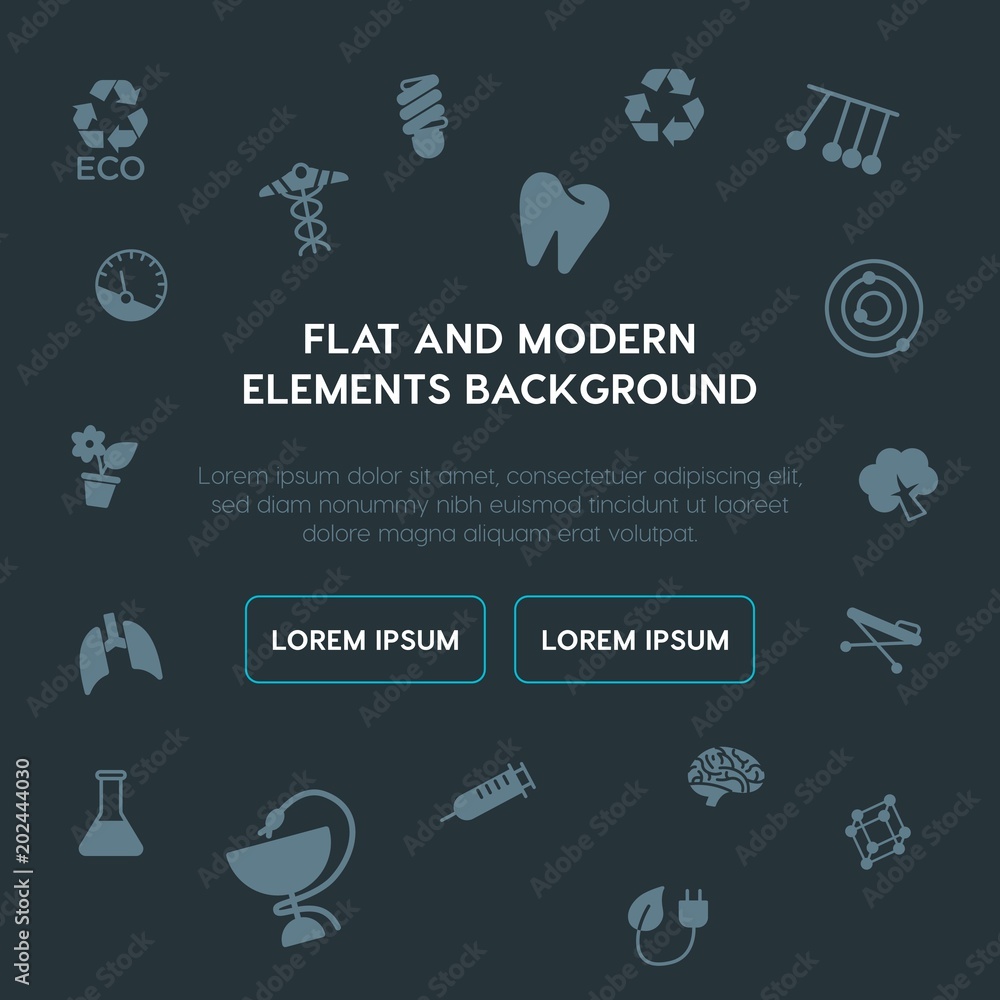 Poster health, science, nature fill vector icons and elements background concept on dark background.multipu