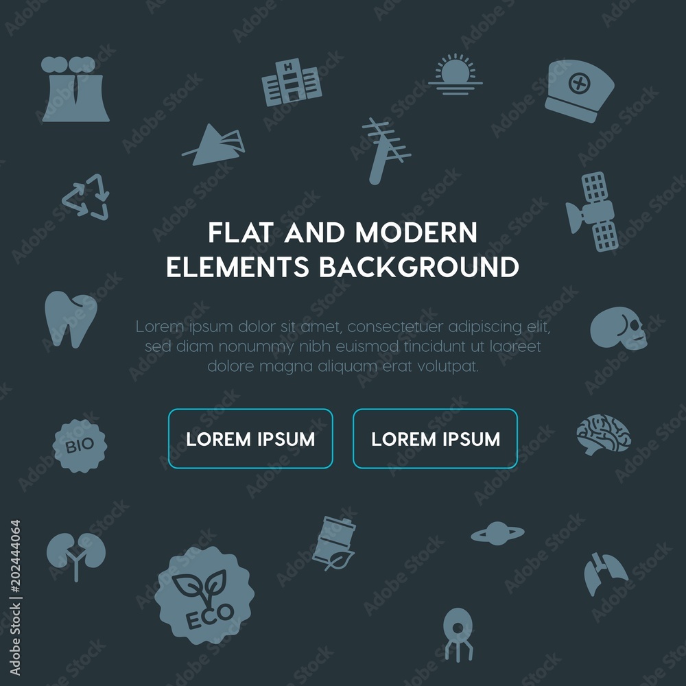 Poster health, science, nature fill vector icons and elements background concept on dark background.multipu