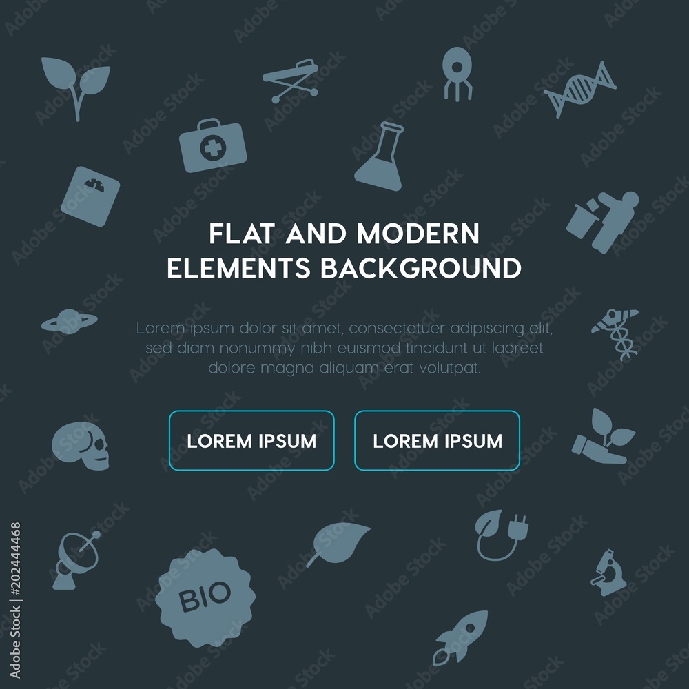 Poster health, science, nature fill vector icons and elements background concept on dark background.multipu