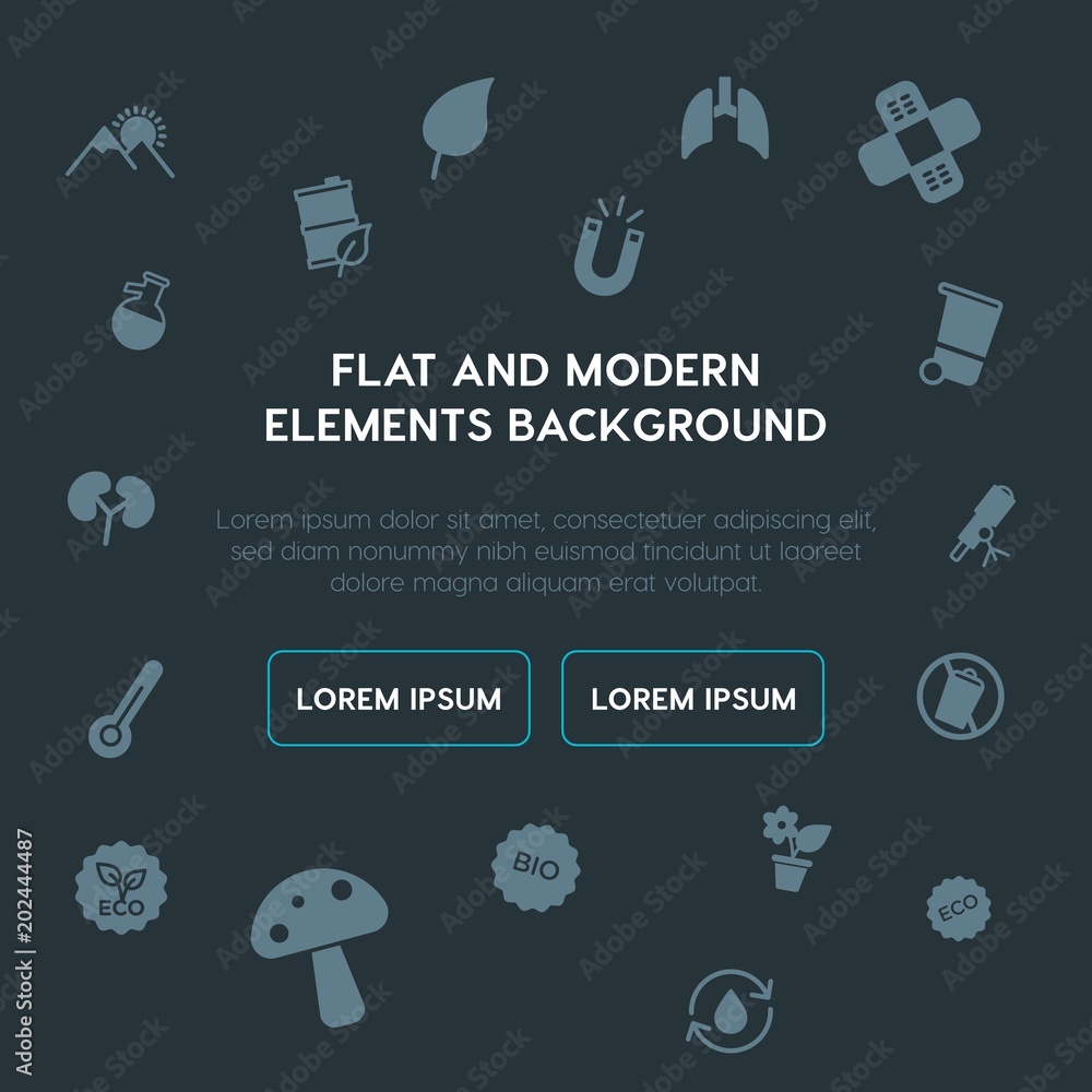 Poster health, science, nature fill vector icons and elements background concept on dark background.multipu