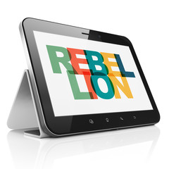 Politics concept: Tablet Computer with Painted multicolor text Rebellion on display, 3D rendering