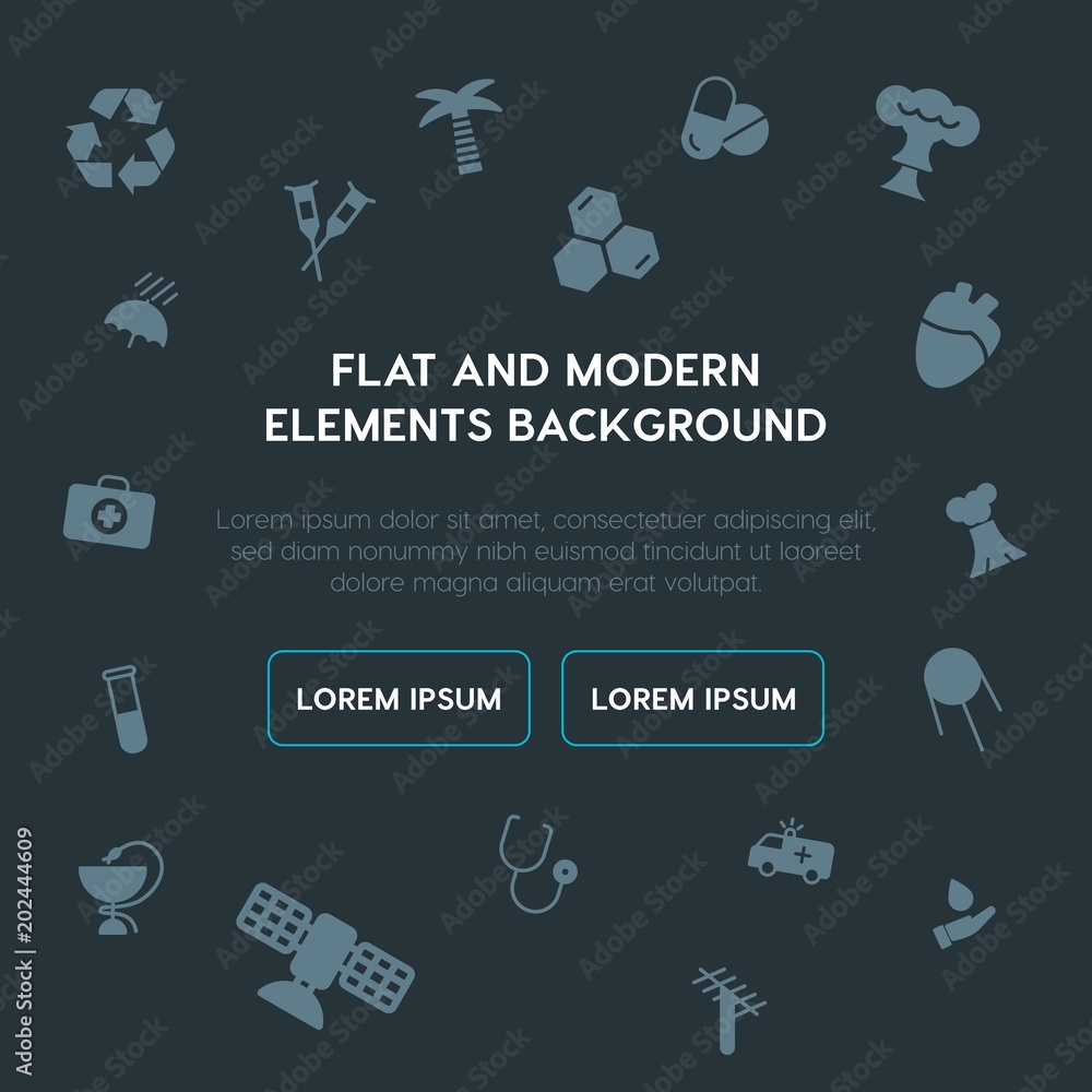 Poster health, science, nature fill vector icons and elements background concept on dark background.multipu