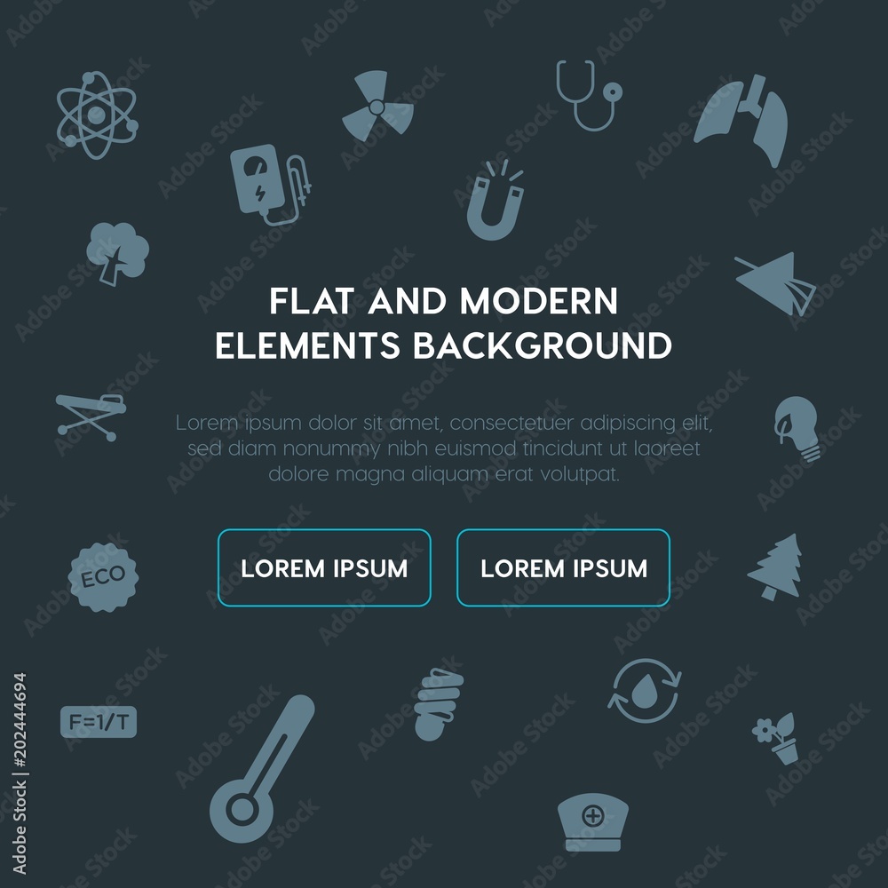Poster health, science, nature fill vector icons and elements background concept on dark background.multipu