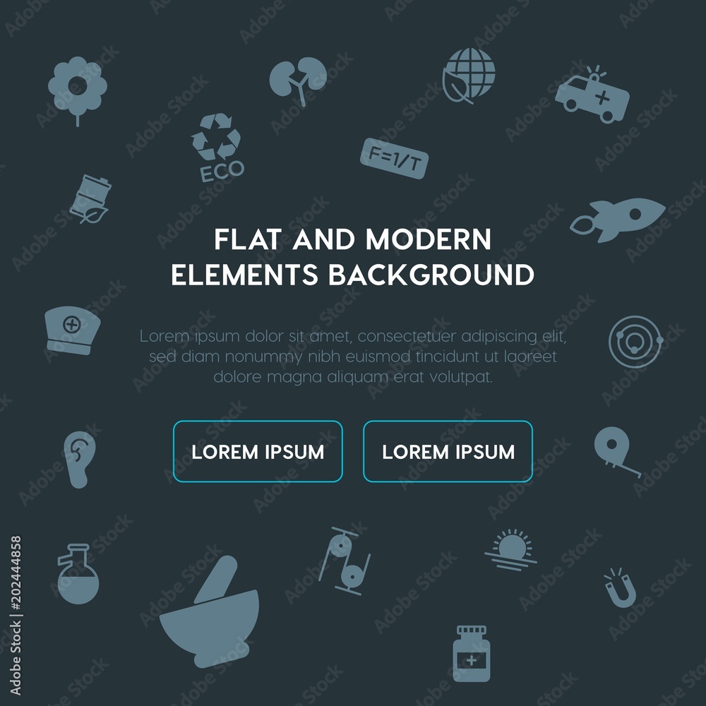 Poster health, science, nature fill vector icons and elements background concept on dark background.multipu
