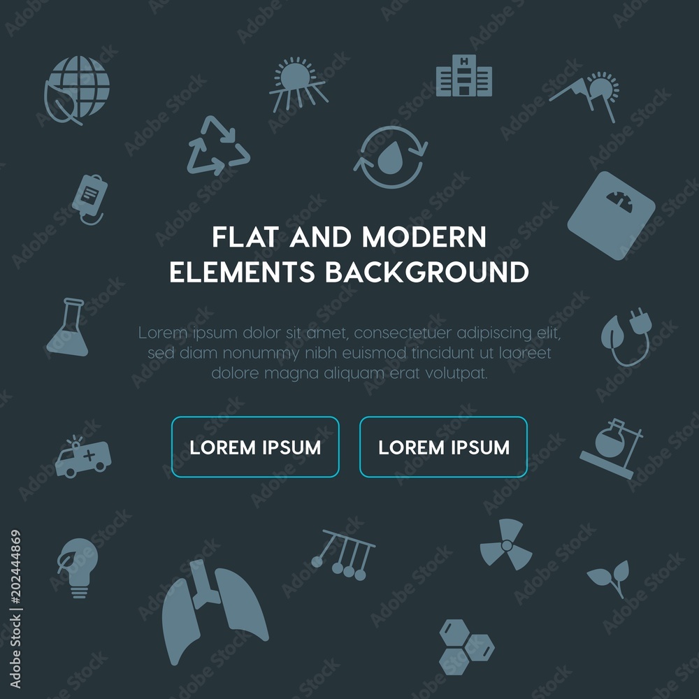 Poster health, science, nature fill vector icons and elements background concept on dark background.multipu