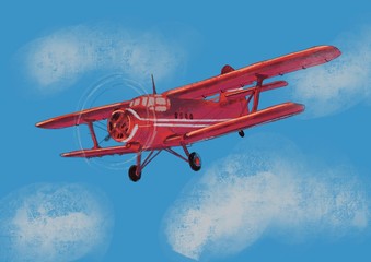 Watercolor red airplane on blue sky illustration with computer processing.  view of a flying plane.