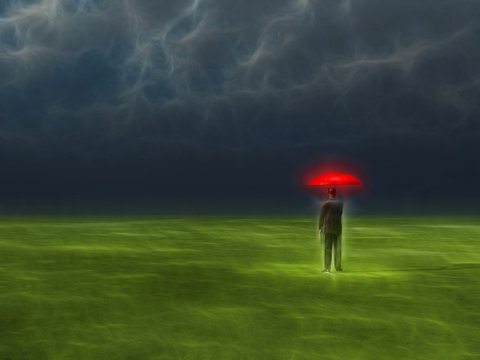 Surrealism. Man with red umbrella