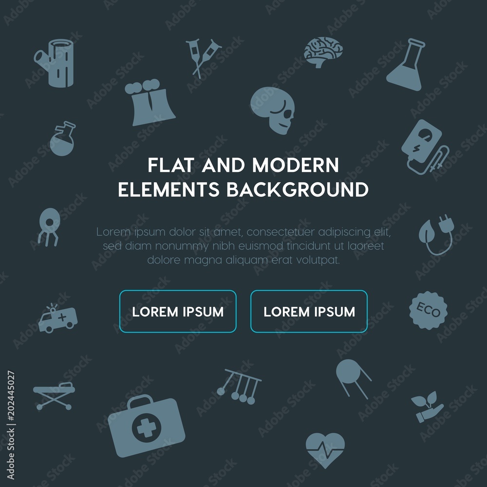 Poster health, science, nature fill vector icons and elements background concept on dark background.multipu