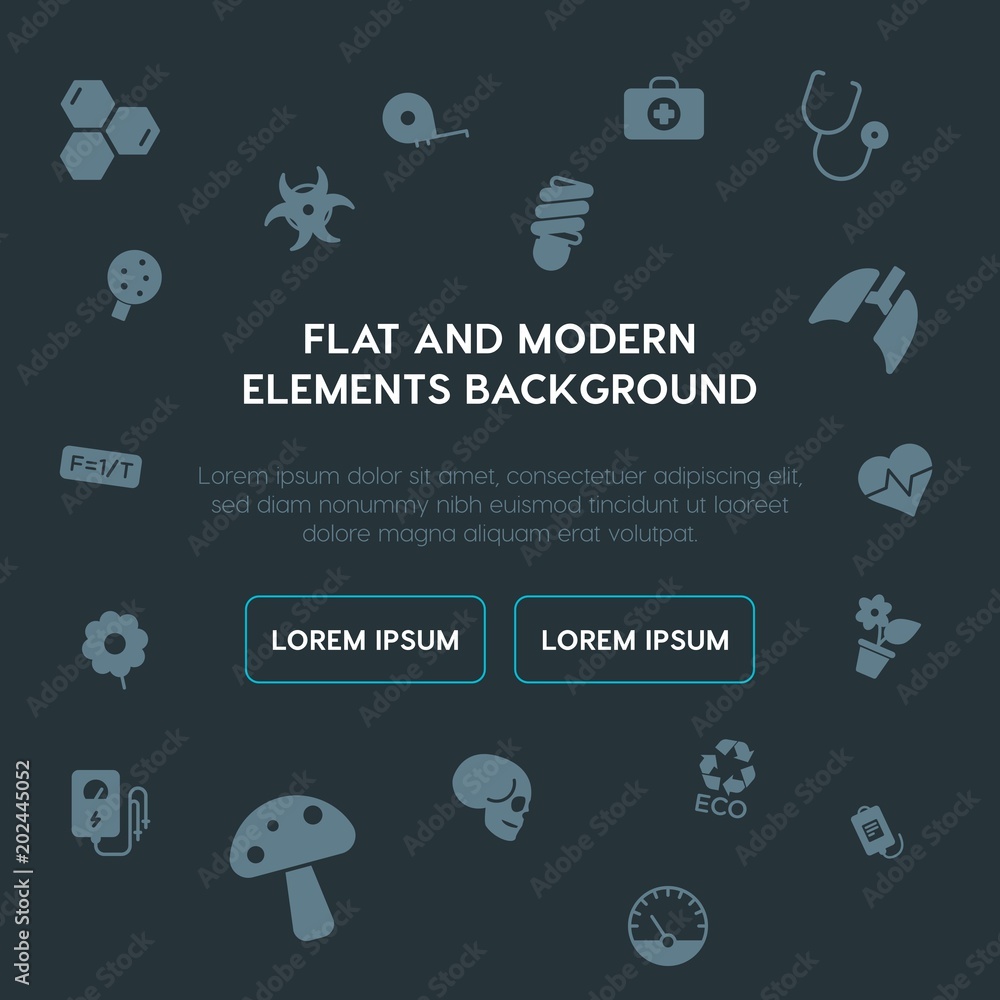 Poster health, science, nature fill vector icons and elements background concept on dark background.multipu