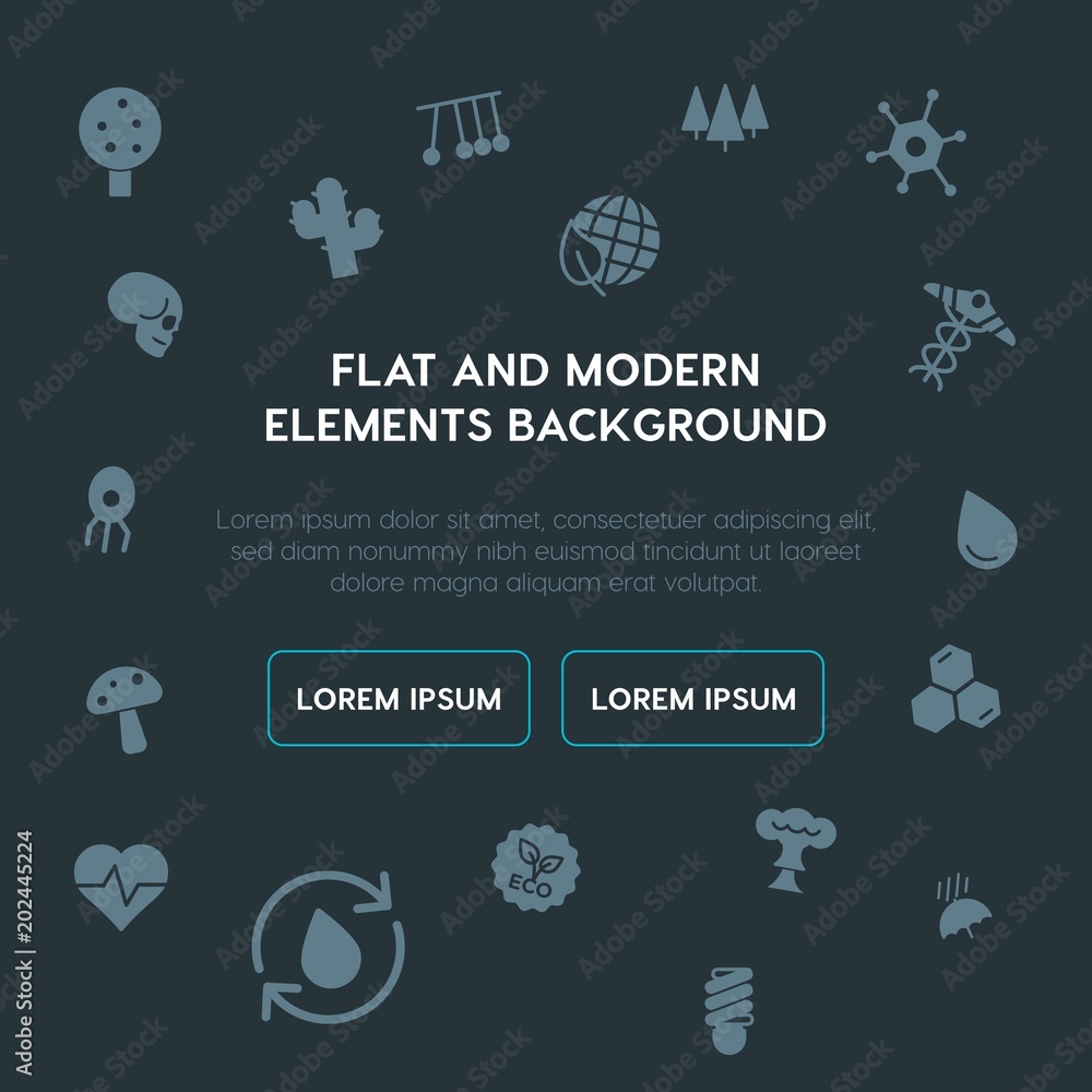 Poster health, science, nature fill vector icons and elements background concept on dark background.multipu