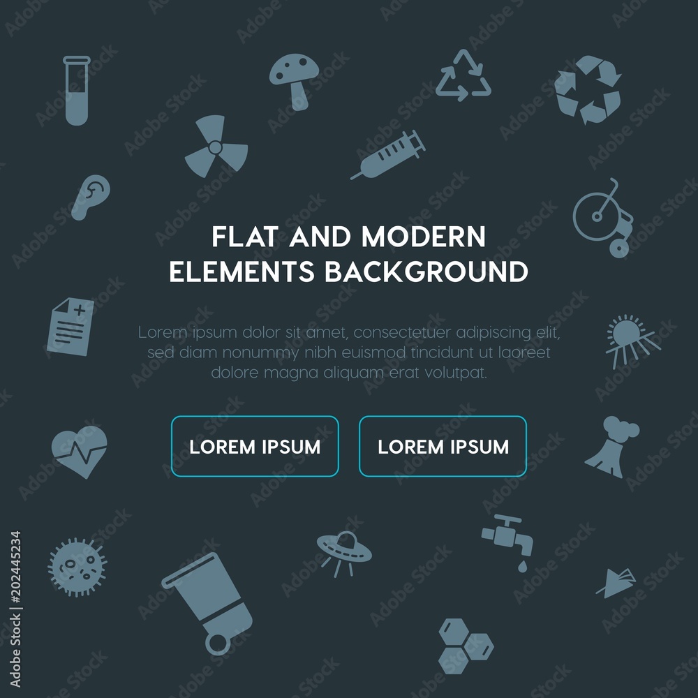 Poster health, science, nature fill vector icons and elements background concept on dark background.multipu