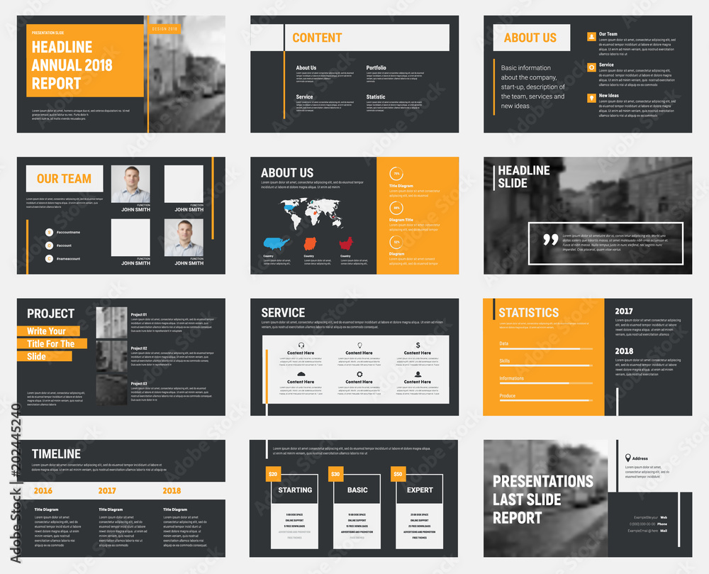 Poster Black vector slides with gray and orange design elements and a place for photos.