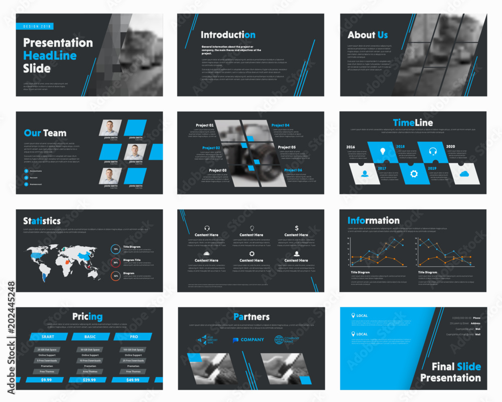 Poster Set of vector black slides with blue design elements for business presentations.