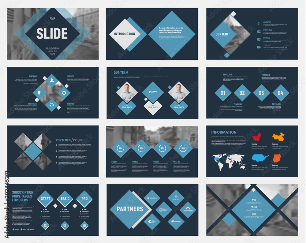 Poster black vector slides with blue rhombuses for annual business reports.