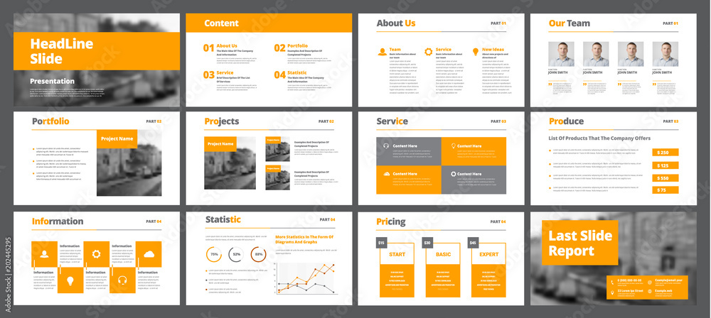 Poster Template of white vector slides for presentations and reports with orange rectangles and squares.