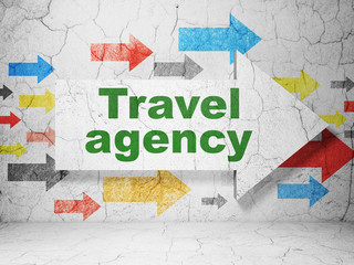 Vacation concept:  arrow with Travel Agency on grunge textured concrete wall background, 3D rendering