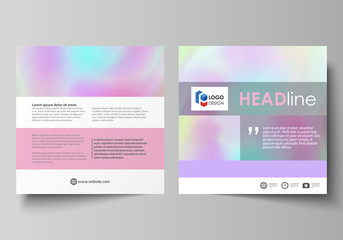 Business templates for square design brochure, flyer. Leaflet cover, abstract vector layout. Hologram, background in pastel colors with holographic effect. Blurred colorful pattern, surreal texture.