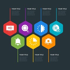 Flat geometric location, video, photos, time infographic steps template with 7 options for presentations, advertising, annual reports