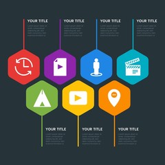 Flat geometric location, video, photos, time infographic steps template with 7 options for presentations, advertising, annual reports