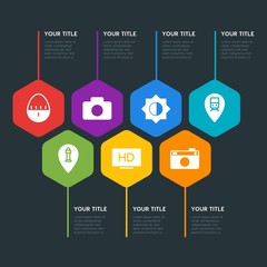 Flat geometric location, video, photos, time infographic steps template with 7 options for presentations, advertising, annual reports