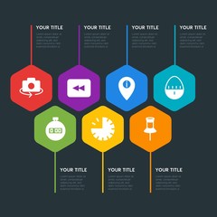Flat geometric location, video, photos, time infographic steps template with 7 options for presentations, advertising, annual reports