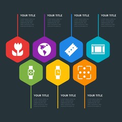 Flat geometric location, video, photos, time infographic steps template with 7 options for presentations, advertising, annual reports