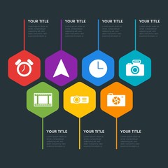 Flat geometric location, video, photos, time infographic steps template with 7 options for presentations, advertising, annual reports