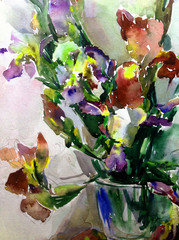 Abstract bright colored decorative background . Floral pattern handmade . Beautiful tender romantic spring bouquet of iris flowers in vase  , made in the technique of watercolors from nature.