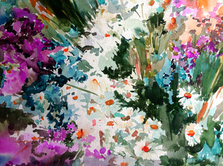 Abstract bright colored decorative background . Floral pattern handmade . Beautiful tender romantic summer wildflowers  , made in the technique of watercolors from nature.