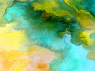 Watercolor abstract bright colorful textural background handmade . Painting of clouds and sky during sunset .  Modern sky scape.