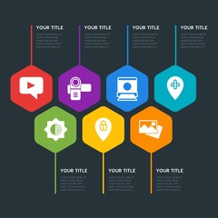 Flat geometric location, video, photos, time infographic steps template with 7 options for presentations, advertising, annual reports