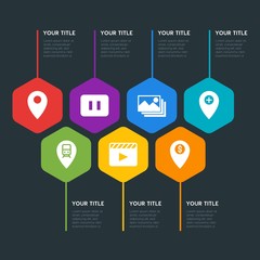 Flat geometric location, video, photos, time infographic steps template with 7 options for presentations, advertising, annual reports