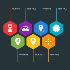 Flat geometric location, video, photos, time infographic steps template with 7 options for presentations, advertising, annual reports