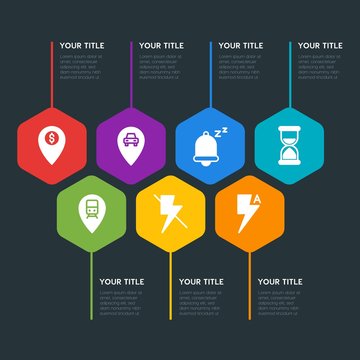 Flat geometric location, video, photos, time infographic steps template with 7 options for presentations, advertising, annual reports