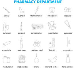 Pharmacy instrument and products in drug store: thin vector icon set, black and white kit