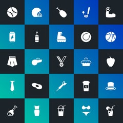 Modern Simple Set of food, clothes, sports, drinks Vector fill Icons. Contains such Icons as  football,  league,  vacation, ice and more on dark and gradient background. Fully Editable. Pixel Perfect.