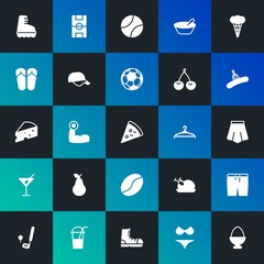 Modern Simple Set of food, clothes, sports, drinks Vector fill Icons. Contains such Icons as  beach,  green,  body,  equipment and more on dark and gradient background. Fully Editable. Pixel Perfect.