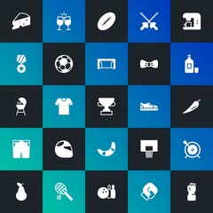 Modern Simple Set of food, clothes, sports, drinks Vector fill Icons. Contains such Icons as tennis,  sword,  pin,  dairy, pear and more on dark and gradient background. Fully Editable. Pixel Perfect.