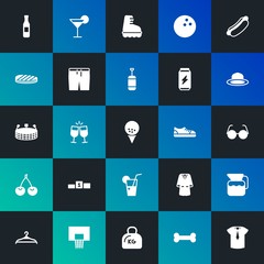 Modern Simple Set of food, clothes, sports, drinks Vector fill Icons. Contains such Icons as  skating,  shoe,  fashion,  toast and more on dark and gradient background. Fully Editable. Pixel Perfect.