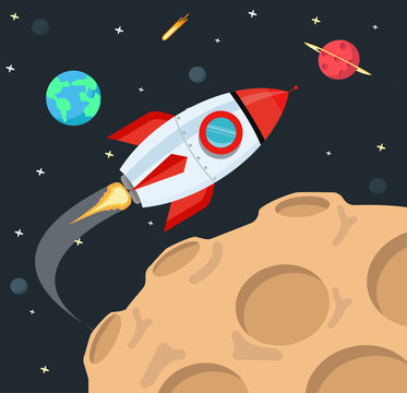 Flying rocket in space background