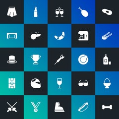 Modern Simple Set of food, clothes, sports, drinks Vector fill Icons. Contains such Icons as  knight,  championship, skirt and more on dark and gradient background. Fully Editable. Pixel Perfect.