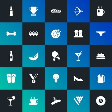 Modern Simple Set of food, clothes, sports, drinks Vector fill Icons. Contains such Icons as hot,  party, fashion,  meal,  cup and more on dark and gradient background. Fully Editable. Pixel Perfect.
