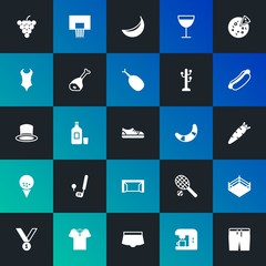Modern Simple Set of food, clothes, sports, drinks Vector fill Icons. Contains such Icons as  bottle, food,  sport,  fresh and more on dark and gradient background. Fully Editable. Pixel Perfect.