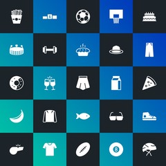 Modern Simple Set of food, clothes, sports, drinks Vector fill Icons. Contains such Icons as  soccer,  sport, game,  billiard and more on dark and gradient background. Fully Editable. Pixel Perfect.