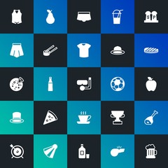 Modern Simple Set of food, clothes, sports, drinks Vector fill Icons. Contains such Icons as  championship,  jacket,  dart, ice and more on dark and gradient background. Fully Editable. Pixel Perfect.