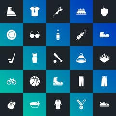 Modern Simple Set of food, clothes, sports, drinks Vector fill Icons. Contains such Icons as  dartboard, target,  success,  ice and more on dark and gradient background. Fully Editable. Pixel Perfect.