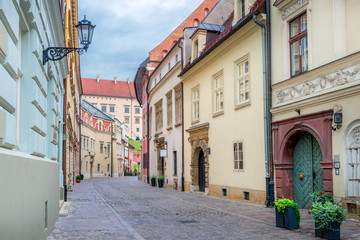 narrow pedestrian streets of the old European city of Krakow, Poland