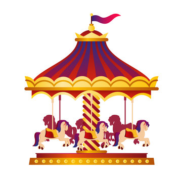 Vector illustration of colorful and bright circus carousel, roundabout with horses, circus concept in cartoon style on white background.